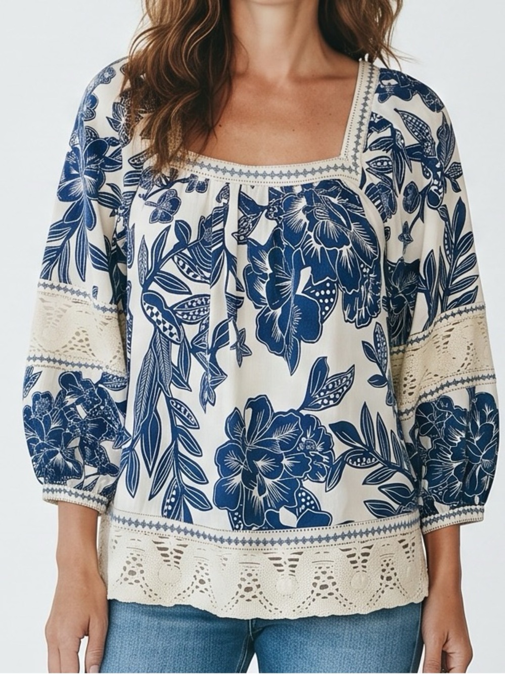 Christian Siriano Blue & White Peasant Coastal Cottagecore Lace Regencycore Sz M